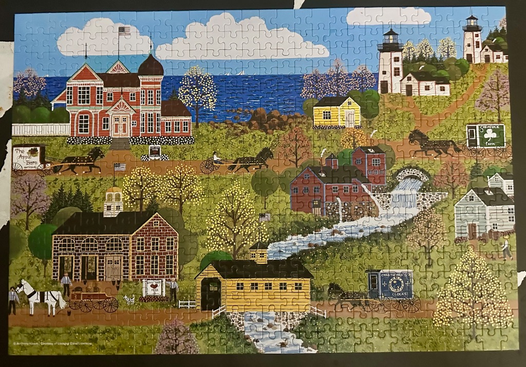 Folk art scene of a bustling New England coastal town with horse-drawn carriages, lighthouses, and rolling hills.