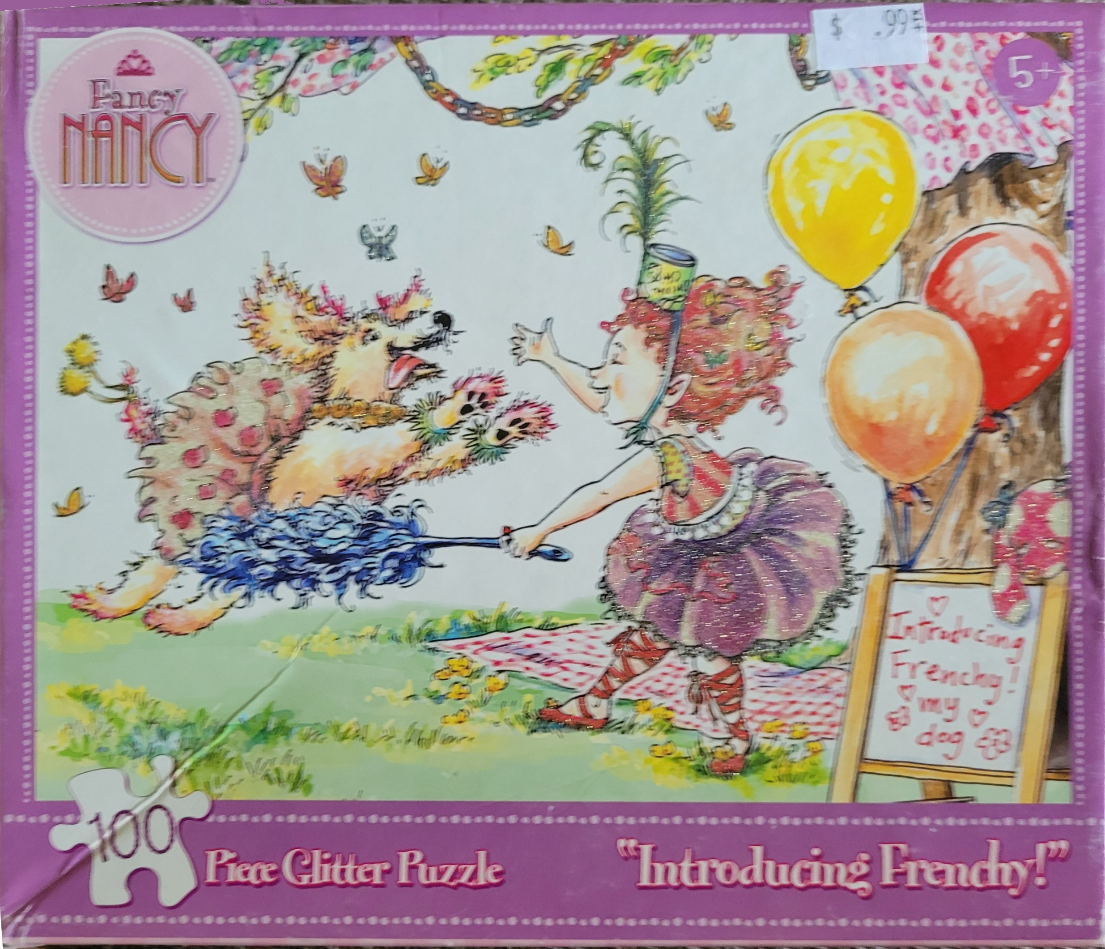 Illustration of a red-headed girl in a tutu playing with a fluffy poodle on a picnic blanket with balloons.