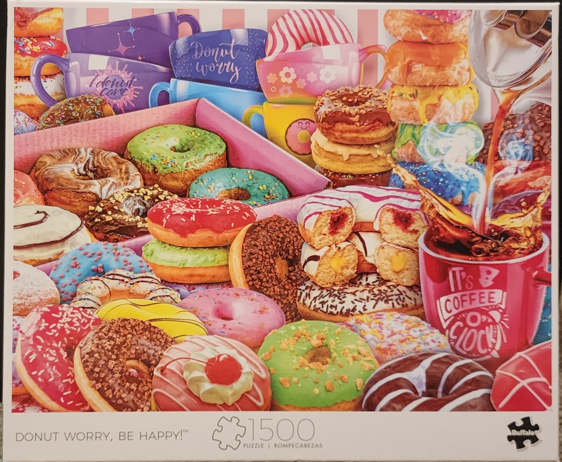 An assortment of colorful glazed donuts and coffee mugs in a cheerful, vibrant food illustration.