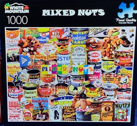 A collage of vintage nut product cans and labels