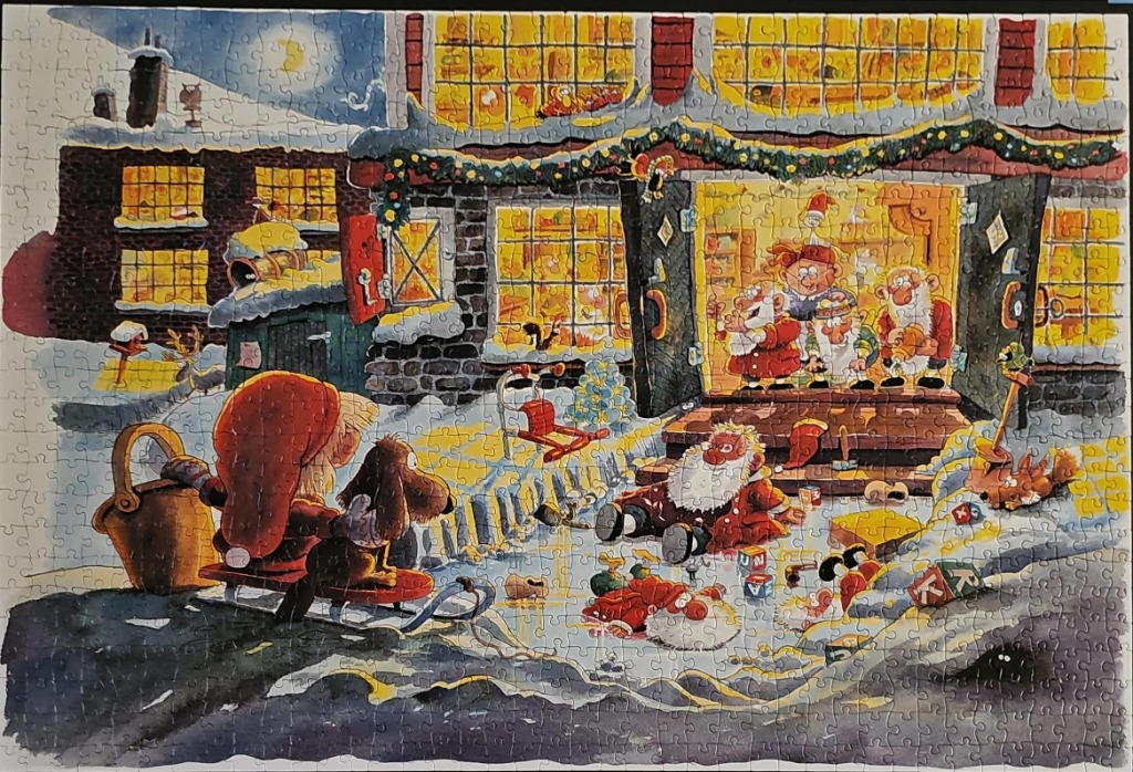 Cartoon scene of Santa Claus and elves outside a snow-covered workshop at night.