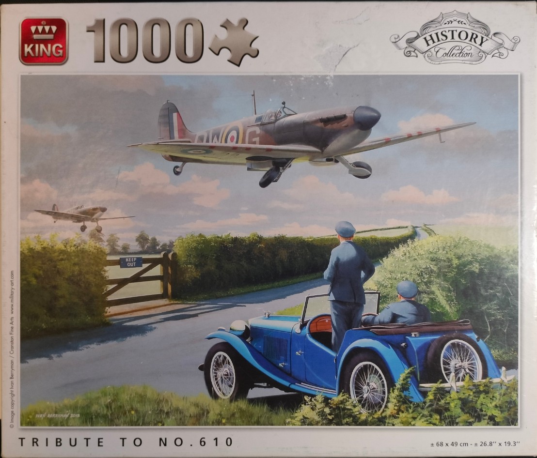 Vintage Spitfire planes flying over a classic blue roadster parked on a country lane, painted in an aviation art style.