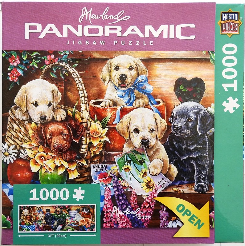 A nostalgic painting of several Labrador puppies in a garden setting with baskets and flowers.
