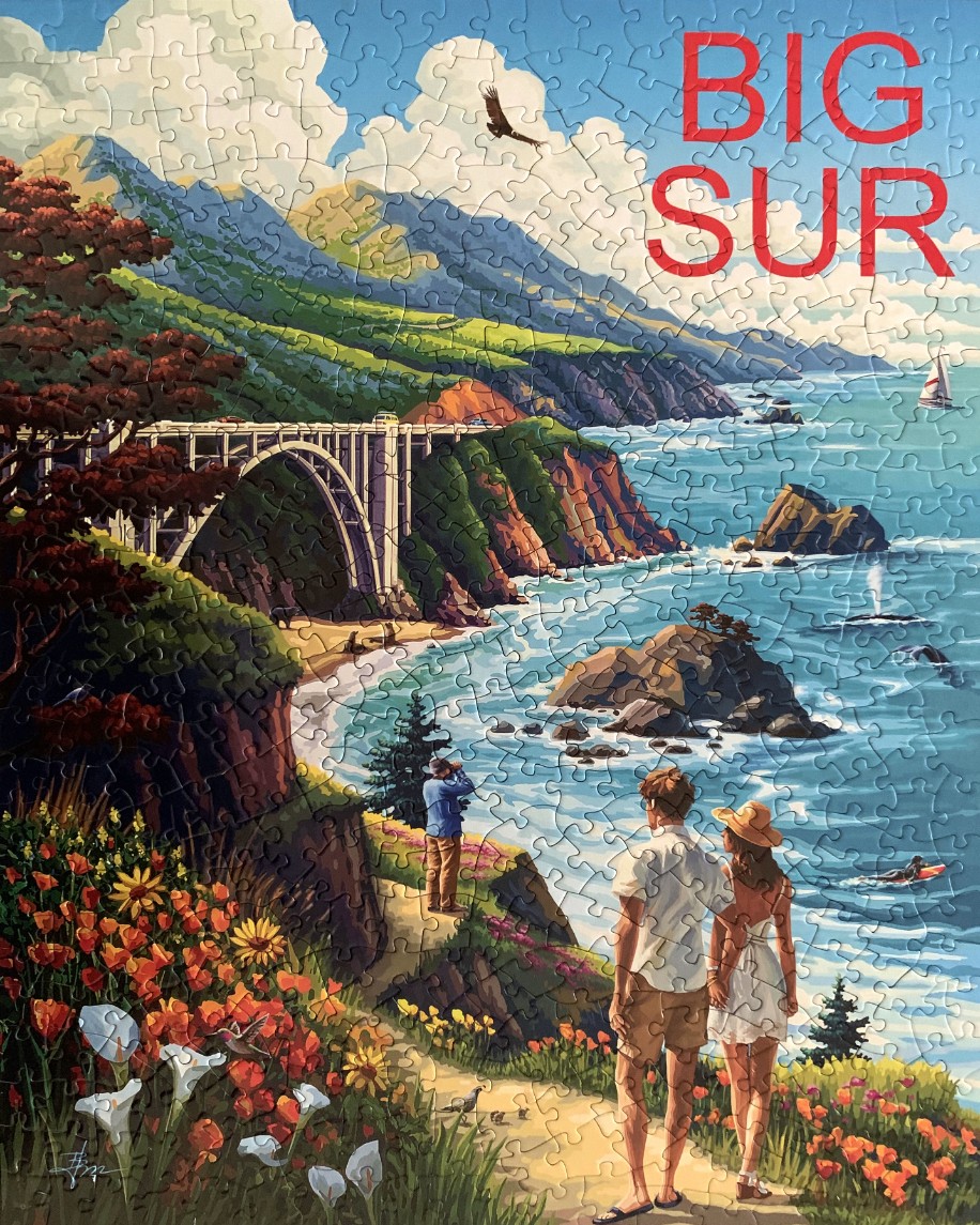 Illustration of the Big Sur coastline with a couple walking on a trail and the Bixby Creek Bridge in the distance.