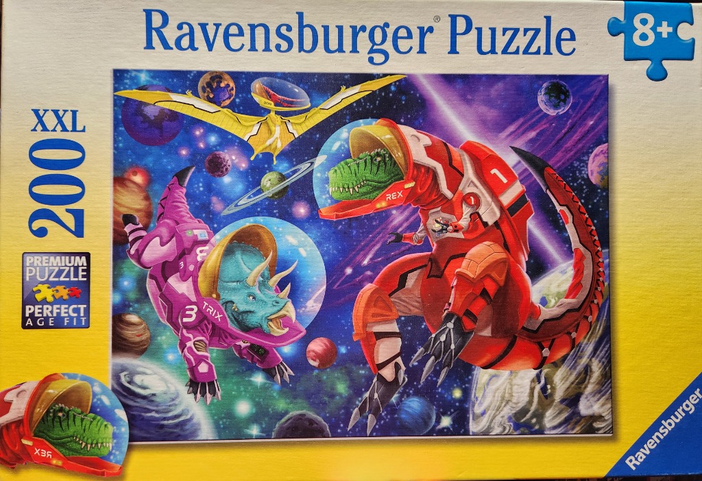 A science fiction illustration of space-faring dinosaurs wearing futuristic suits and helmets floating in deep space.