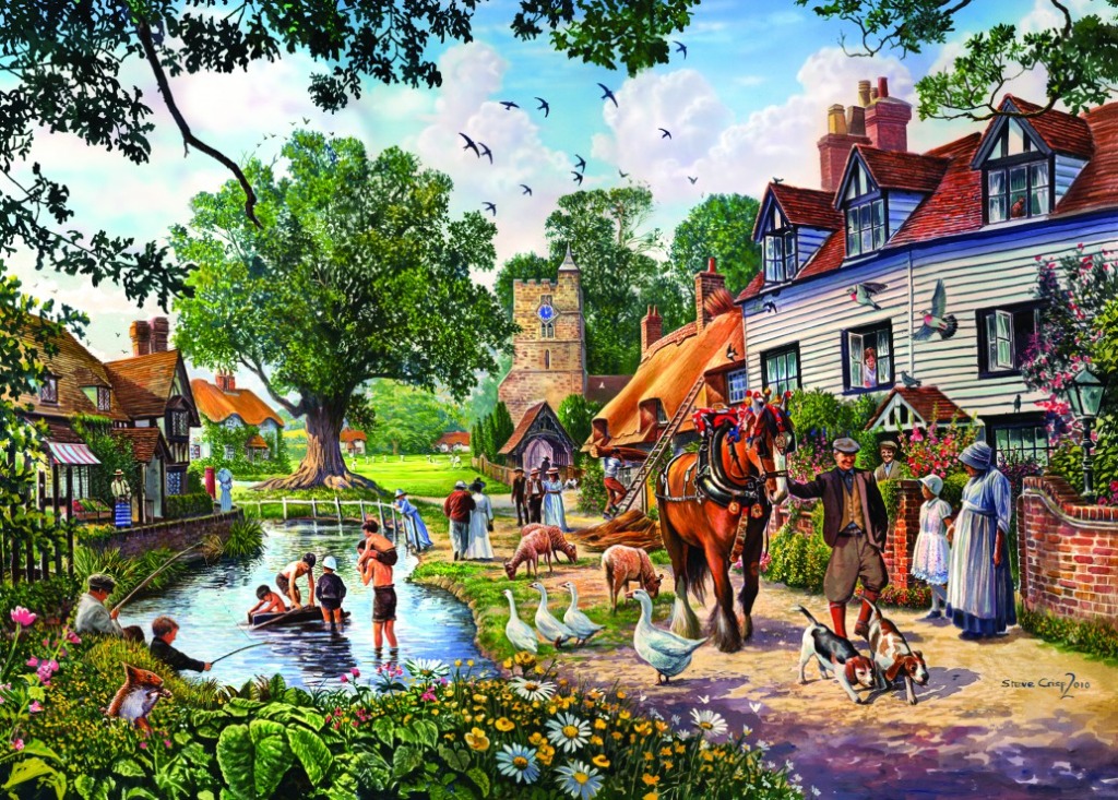 A lively English village scene featuring children playing in a pond, a horse-drawn carriage, and traditional cottages.