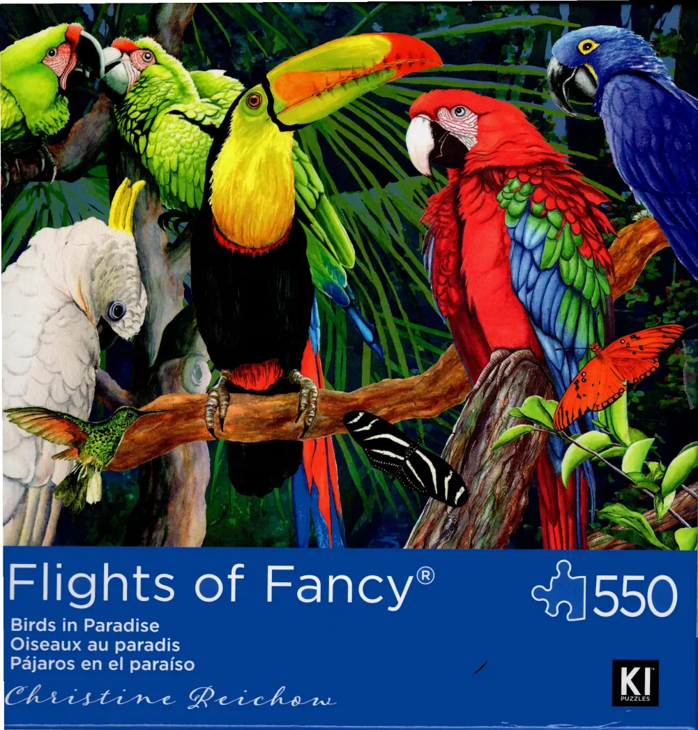 A collection of vibrant tropical birds, including a toucan, macaws, and a cockatoo, perched in a dense, lush rainforest.