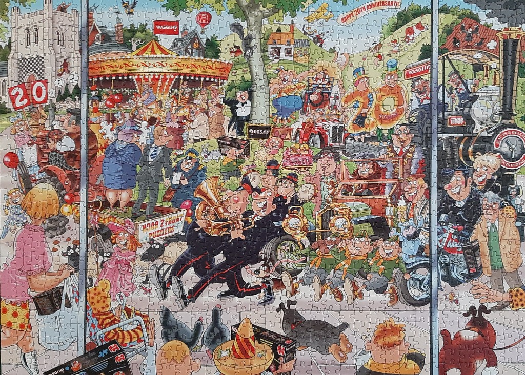 Cartoon celebration with a marching band, carousel, and steam train, featuring diverse characters and bright colors.
