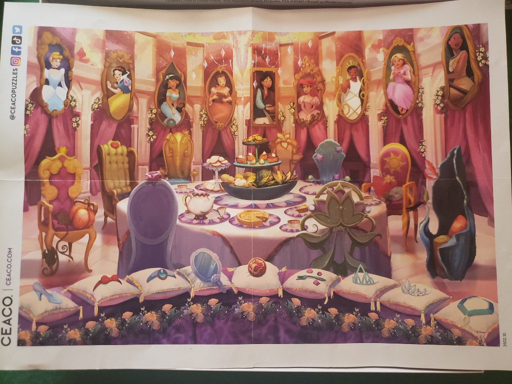 An illustration featuring a table set for tea with portraits of various heroines on the walls and their symbols on cushions.