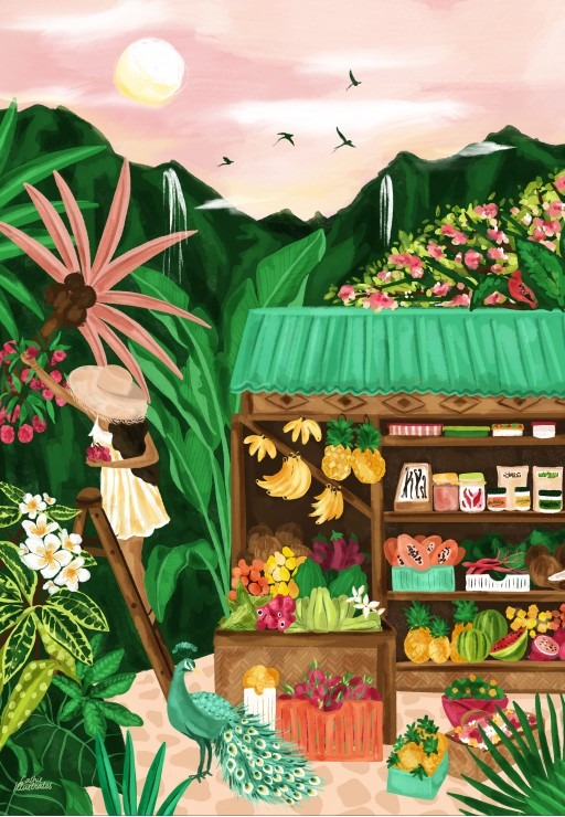 A person in a straw hat picking fruit from a tree next to a jungle produce stand with a peacock in the foreground.