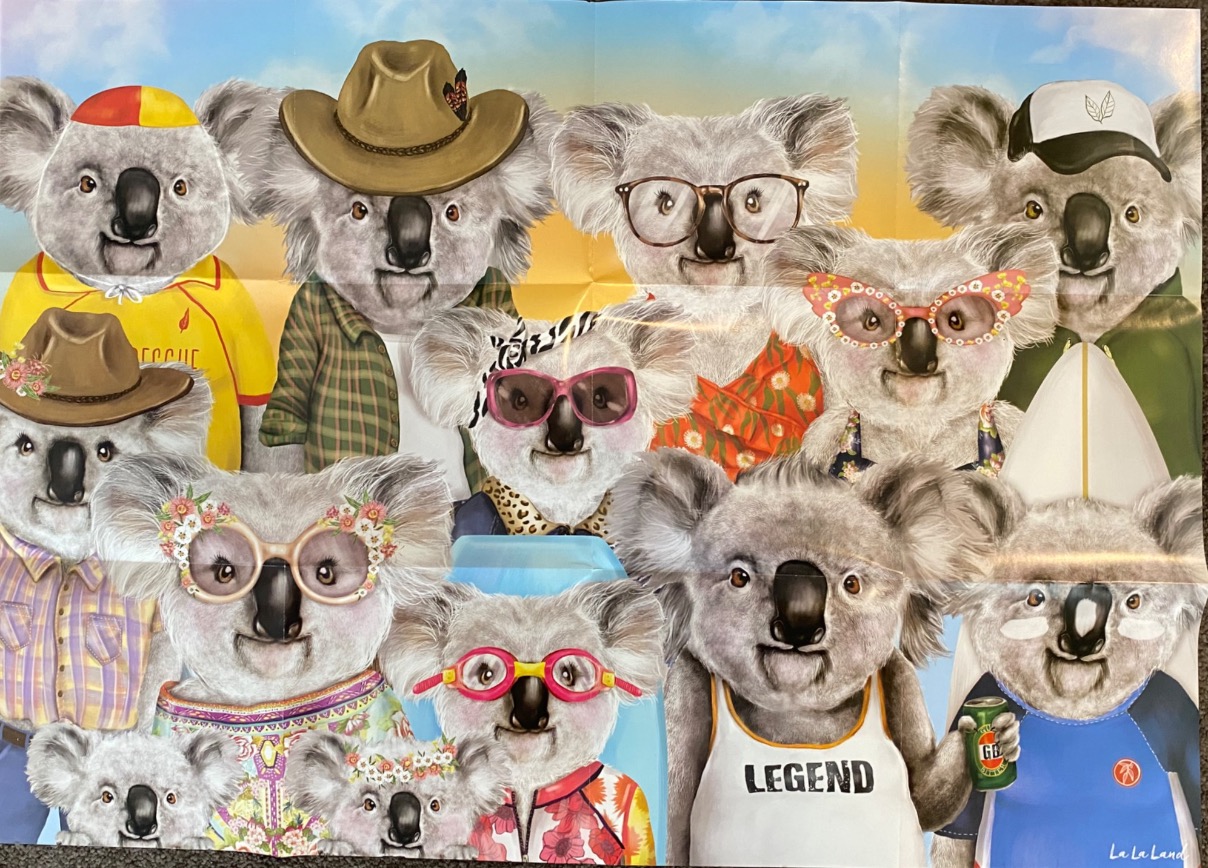 A group of stylized koalas wearing various hats, glasses, and colorful clothing, arranged in a collage format.