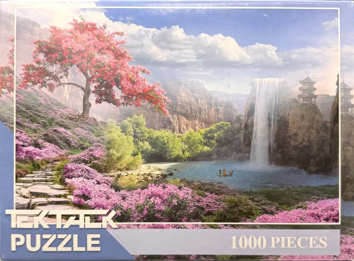 A lush landscape featuring a flowering pink tree, a stone path, and a waterfall flowing into a blue pond.