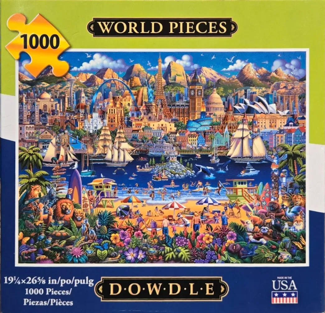 A whimsical illustration of a global collage featuring world landmarks, tall ships, and a tropical beach.