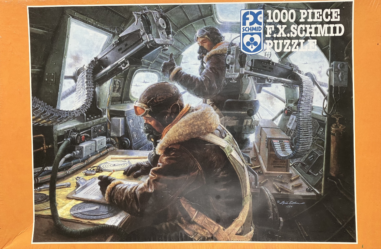 An illustration of two World War II bomber crew members inside a cramped, machinery-filled cockpit cabin.