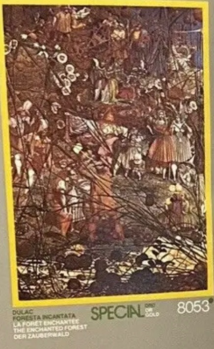 An illustration of a dense, dark forest filled with numerous fantastical figures in historical dress.