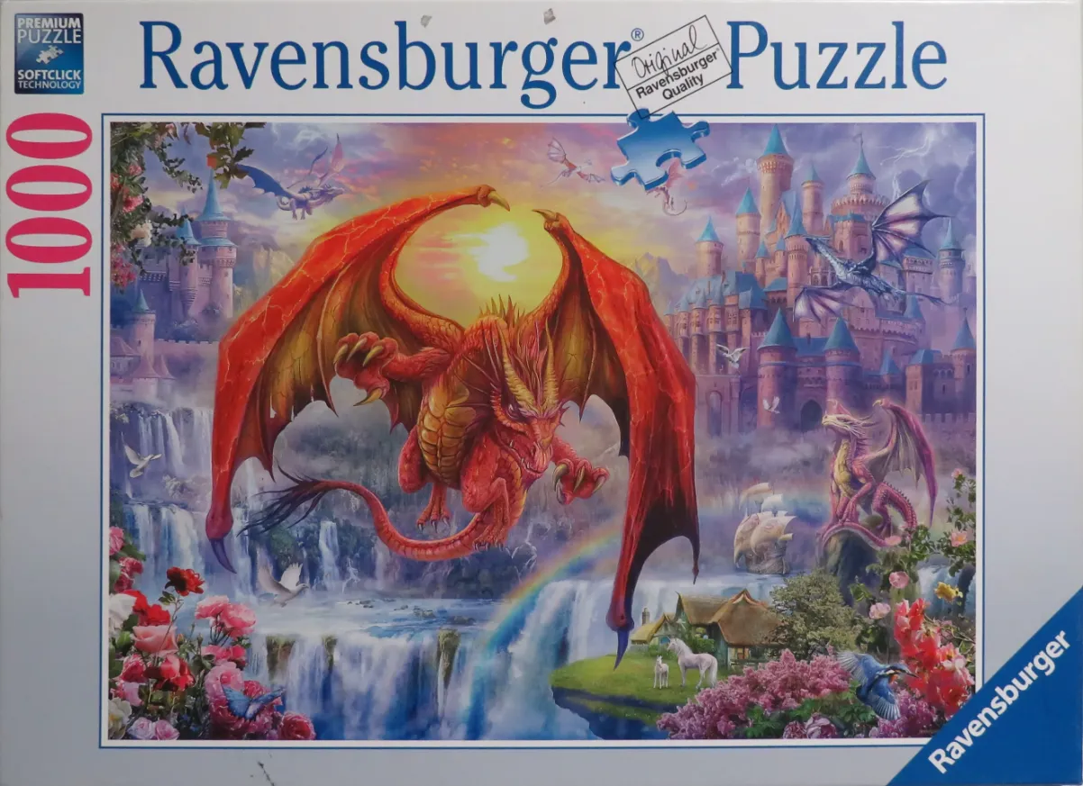 A fantasy scene featuring a large red dragon flying before a castle, waterfall, and rainbow.
