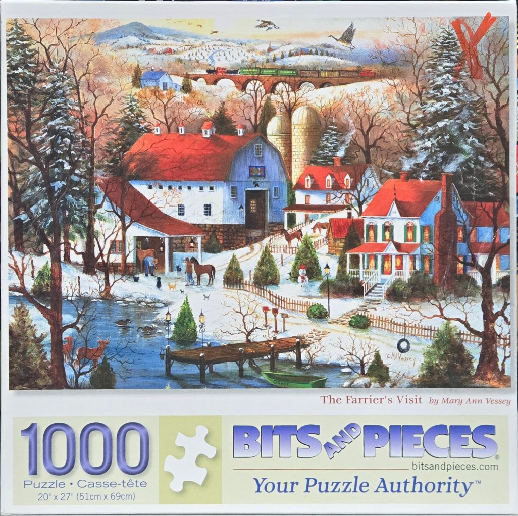 A winter farm scene with a red barn, a white farmhouse, horses, and a steam train crossing a stone bridge in the distance.