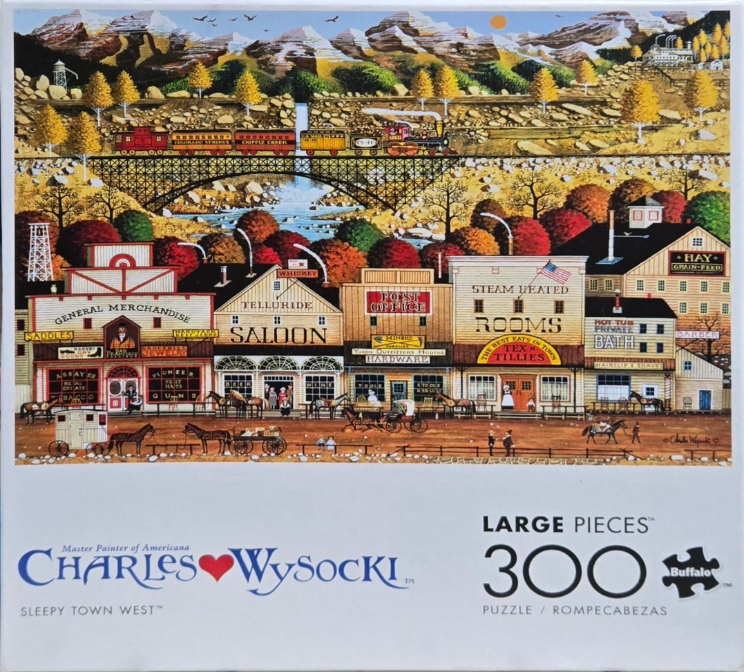 A detailed Americana painting of an Old West town nestled below a mountain range with a steam train on a high bridge.