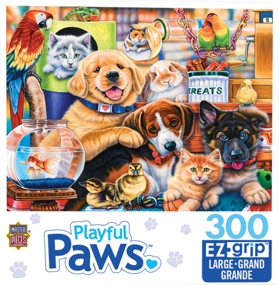 A whimsical illustration of a diverse group of pets, including puppies, kittens, a goldfish, a parrot, and a hamster.