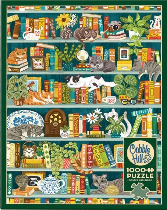 Illustrated bookshelf featuring various cats resting among colorful books and potted plants.