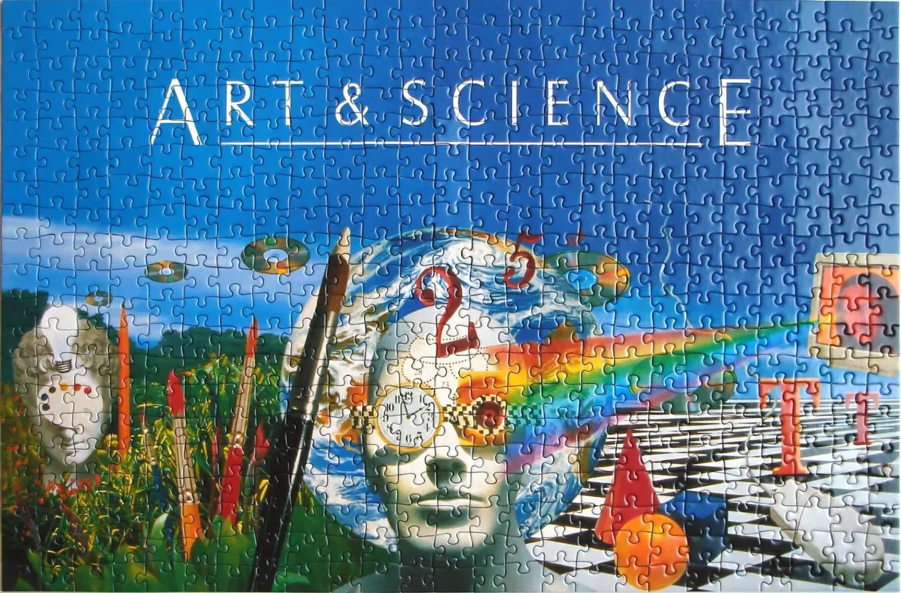 Surreal illustration titled Art & Science featuring human faces, a globe, and geometric shapes against a blue sky.