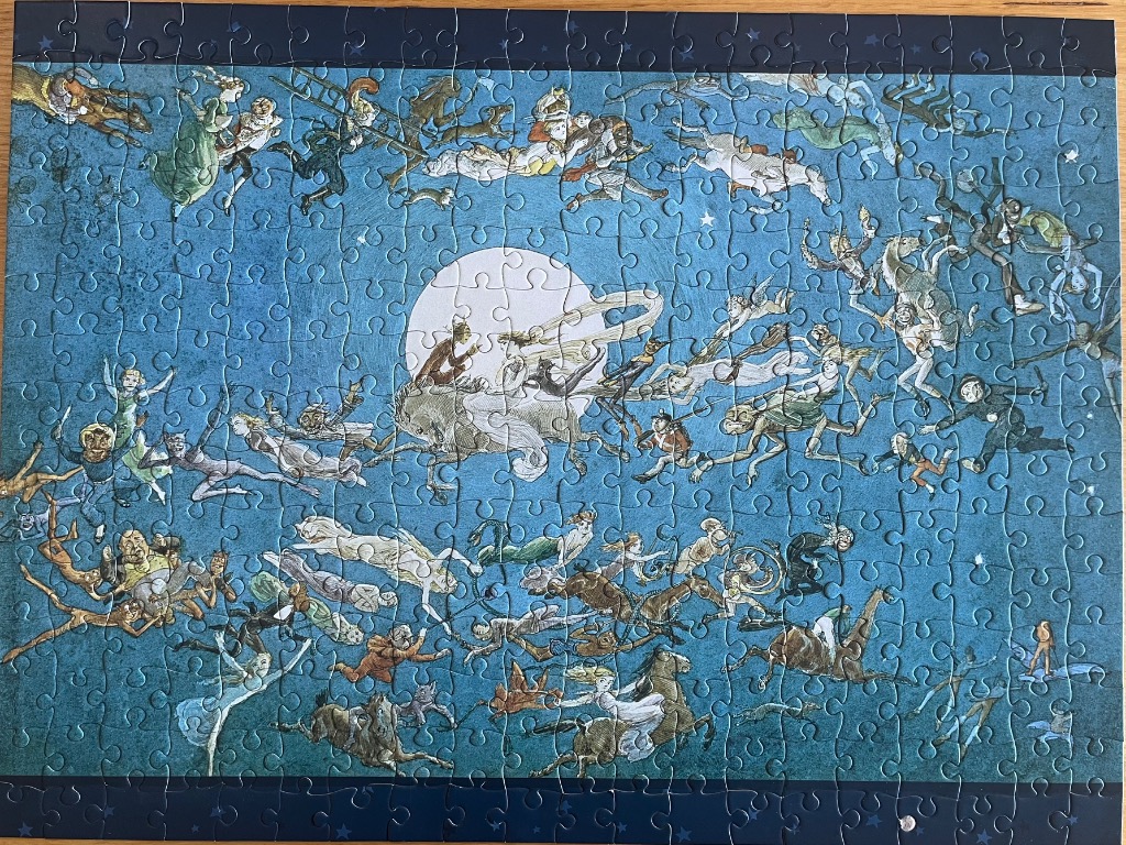 Whimsical fantasy illustration of figures flying across a blue night sky featuring a large full moon.