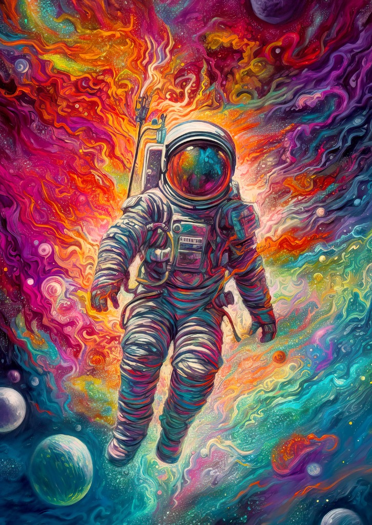 An astronaut floating in space surrounded by swirling, vibrant, rainbow-colored cosmic nebulae and planets.