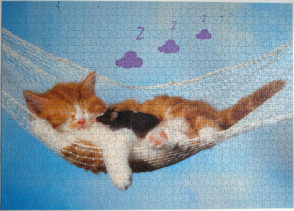 An orange tabby kitten and a small black mouse sleeping together in a white hammock against a blue background.