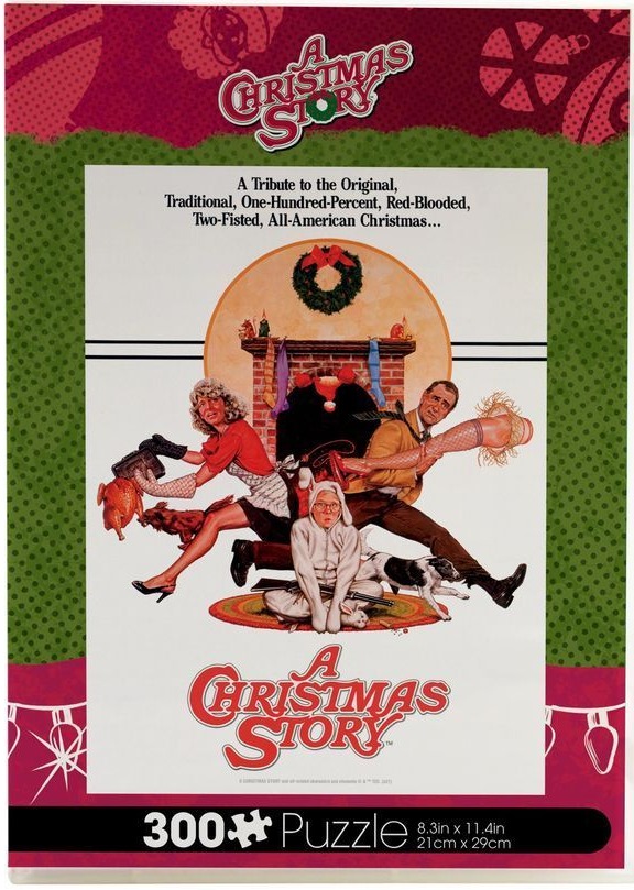Illustration of the characters from A Christmas Story in front of a fireplace.