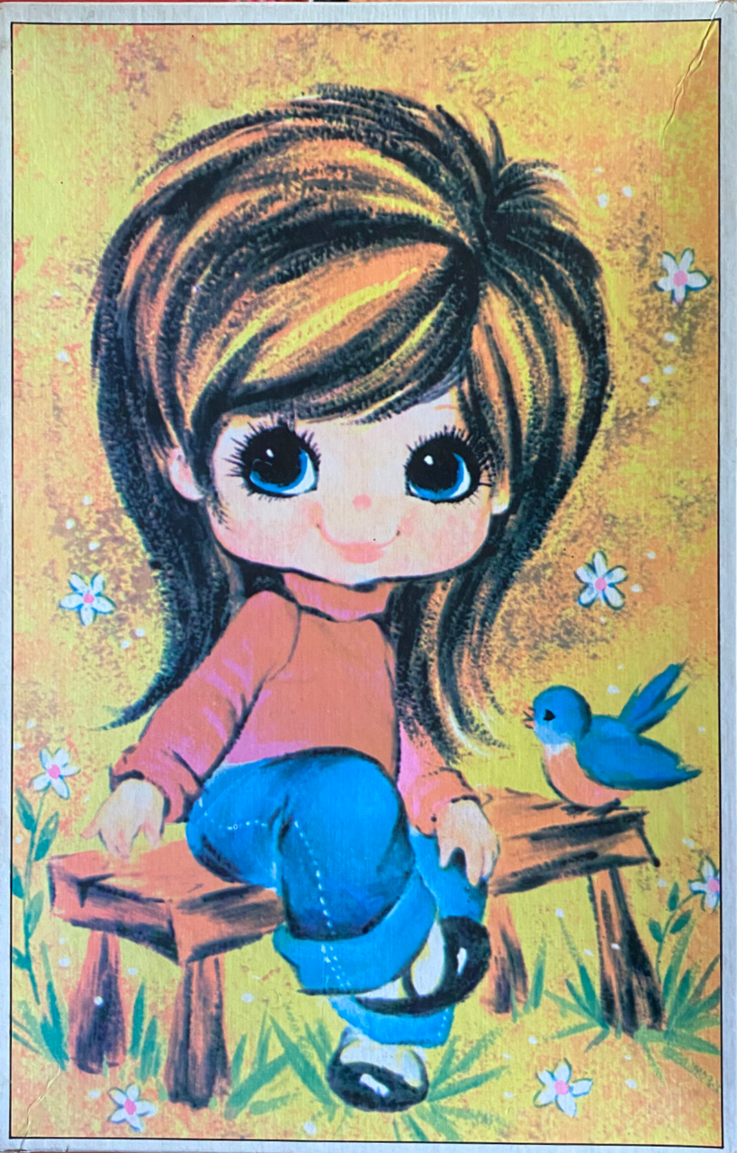 Illustration of a big-eyed girl with dark hair sitting on a wooden bench next to a blue bird against a yellow background.