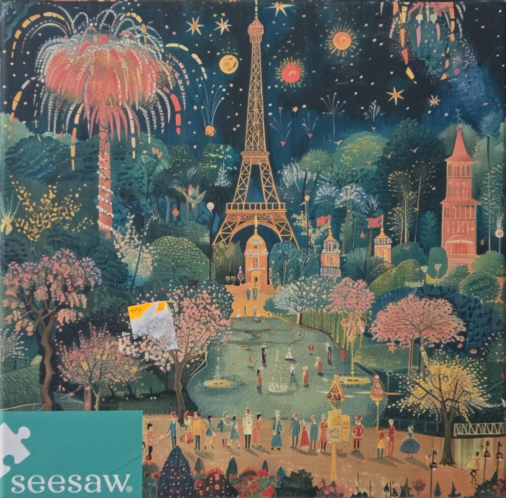 Stylized illustration of the Eiffel Tower at night surrounded by fireworks, lush greenery, and a festive park scene.