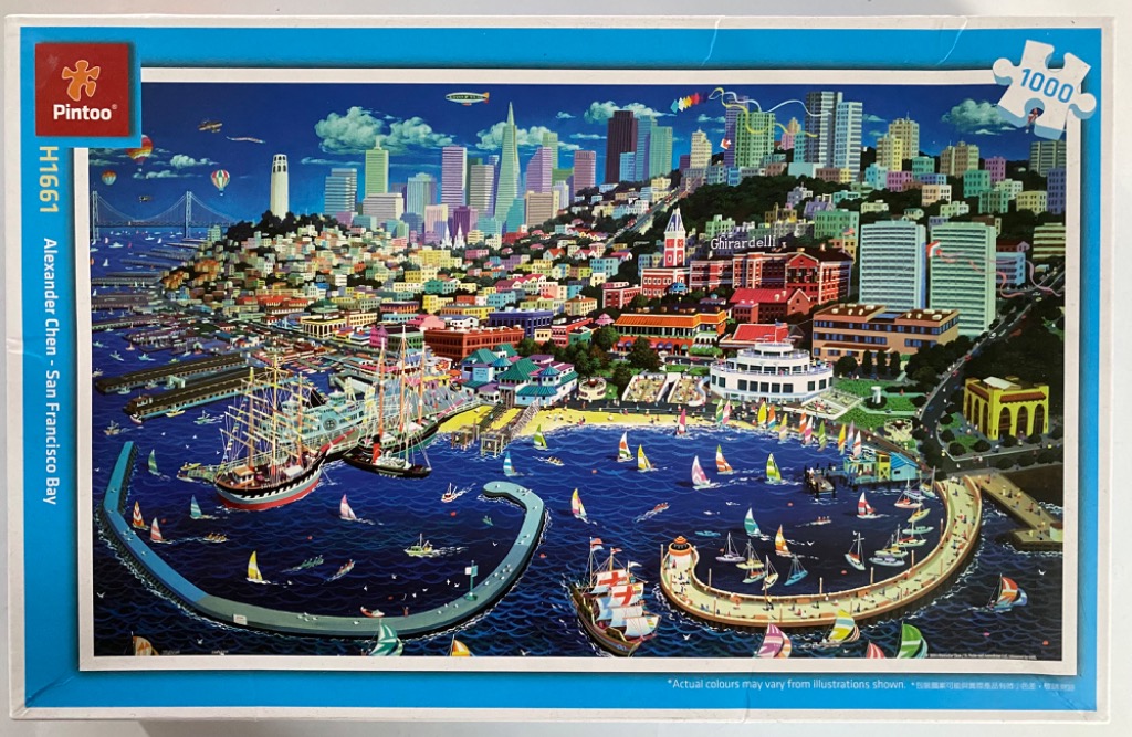 A whimsical, colourful illustration of the San Francisco waterfront with sailboats, a city skyline, and the Bay Bridge.