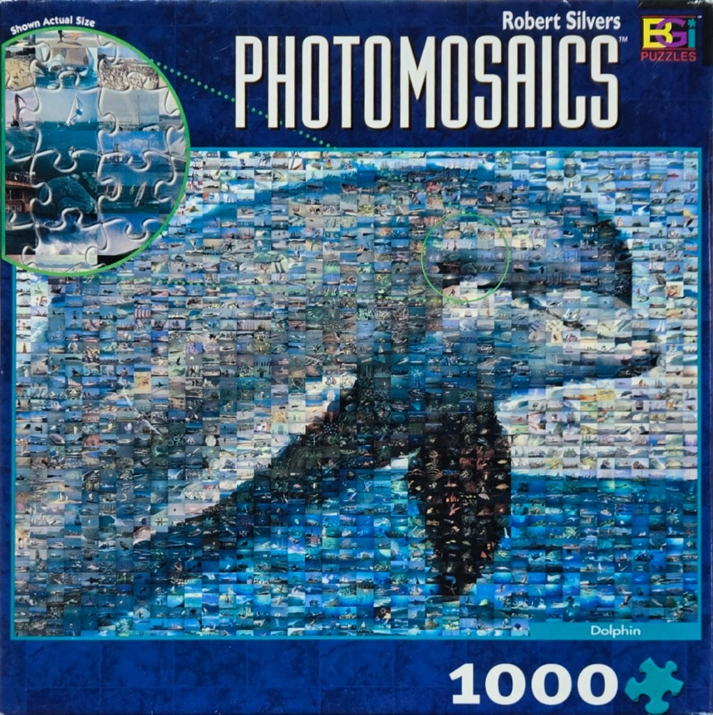 A photomosaic image of a leaping dolphin composed of hundreds of smaller nautical-themed photographs.