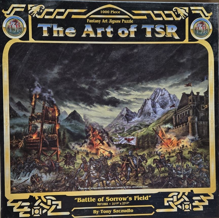 A medieval fantasy battle scene with knights, a castle, and a siege engine under a stormy sky.