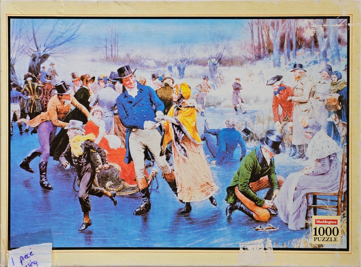 Victorian-era scene of people ice skating on a frozen pond in winter.