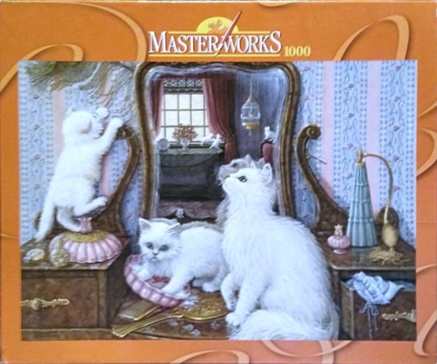 Three fluffy white kittens playing around an ornate antique vanity table with a large mirror.