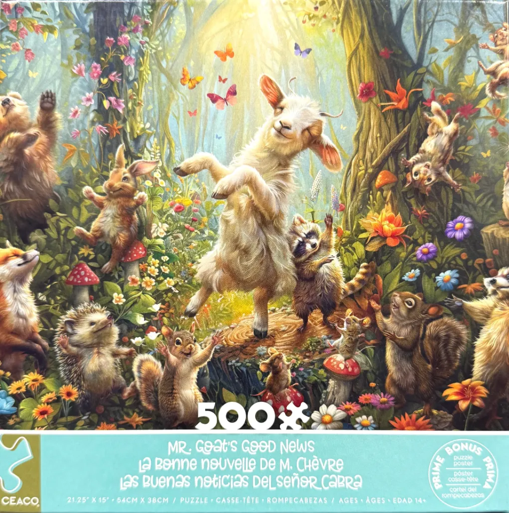 A joyful white goat dancing in a magical forest surrounded by happy woodland animals and colorful butterflies.