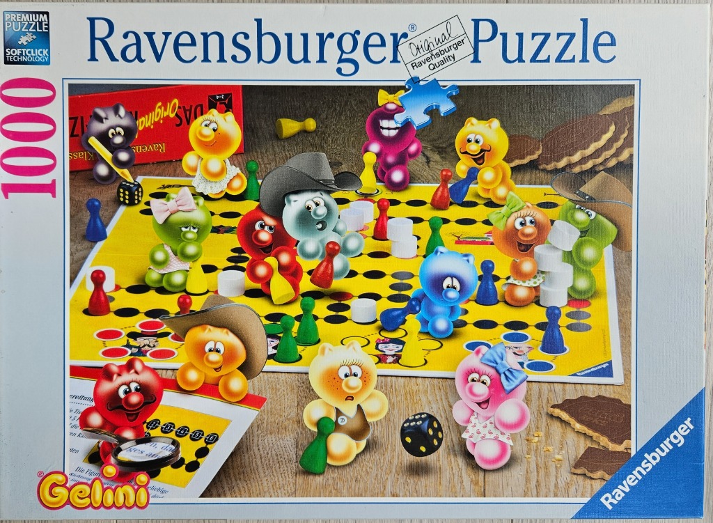 Cartoon Gelini characters playing a board game on a wooden table.