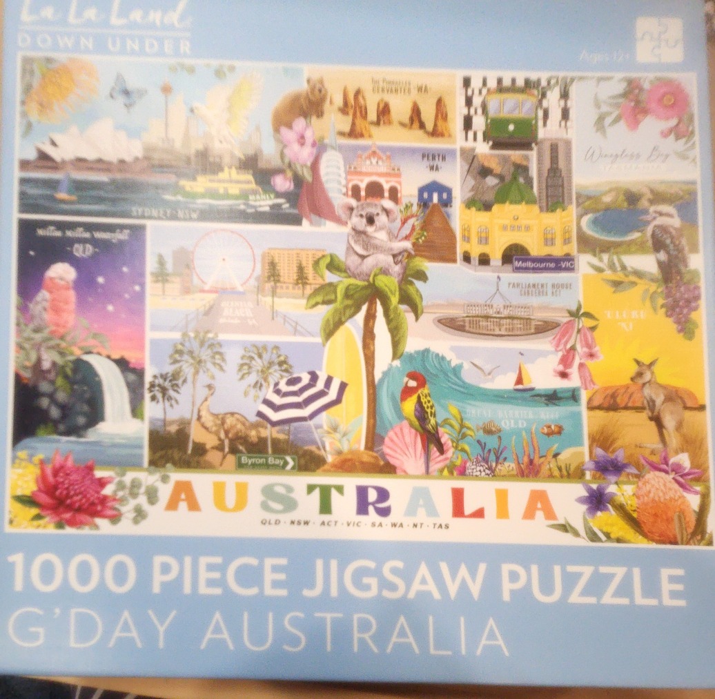 A collage illustration of Australian landmarks and wildlife including the Opera House, a koala, a kangaroo, and flora.
