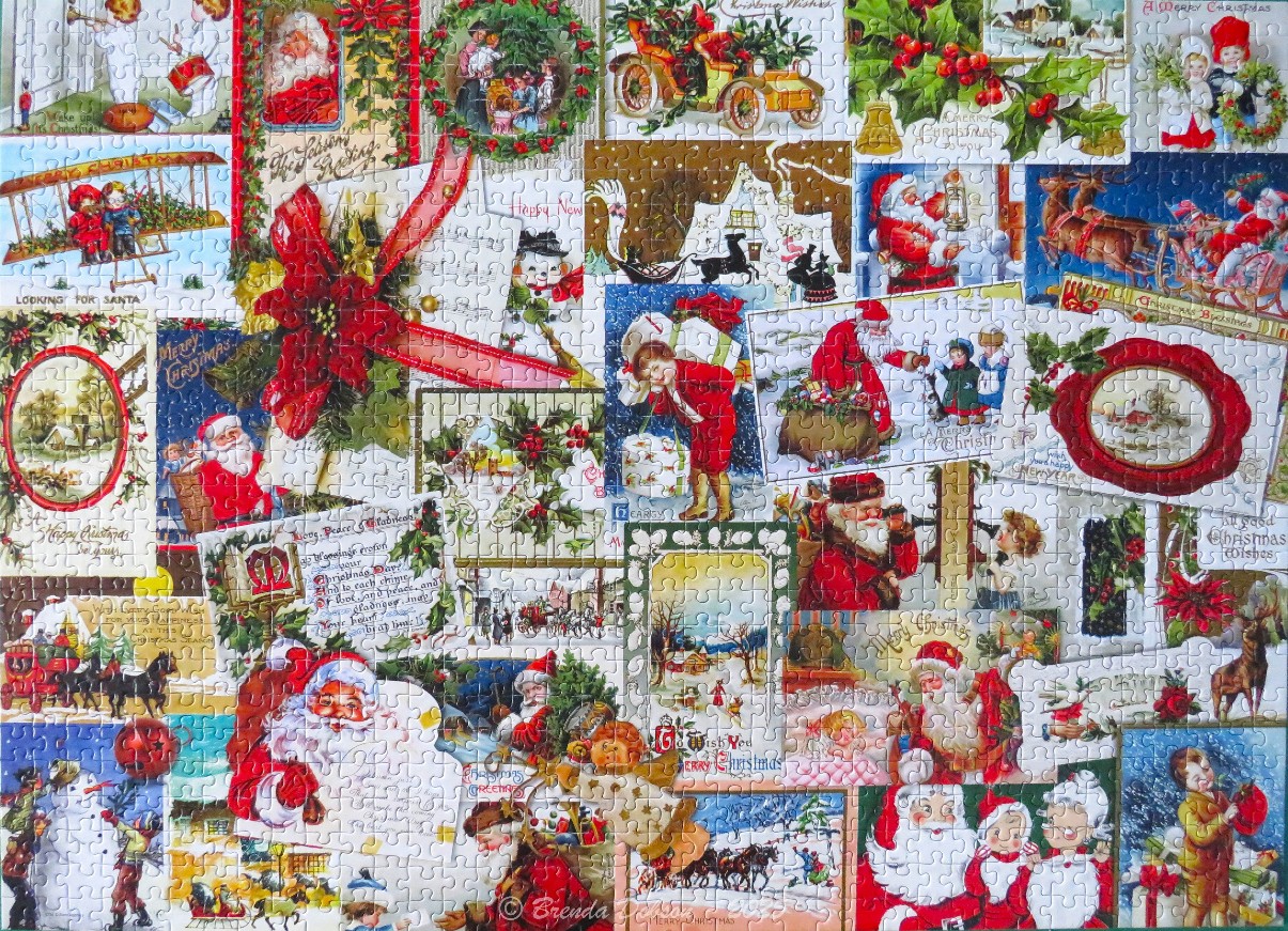 A collage of vintage-style Christmas greeting cards featuring Santa Claus, children, and holiday motifs.