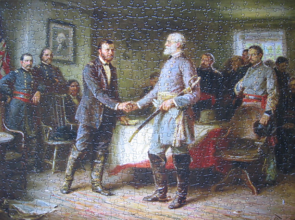 An oil painting depicting General Ulysses S. Grant and General Robert E. Lee shaking hands at Appomattox Court House.