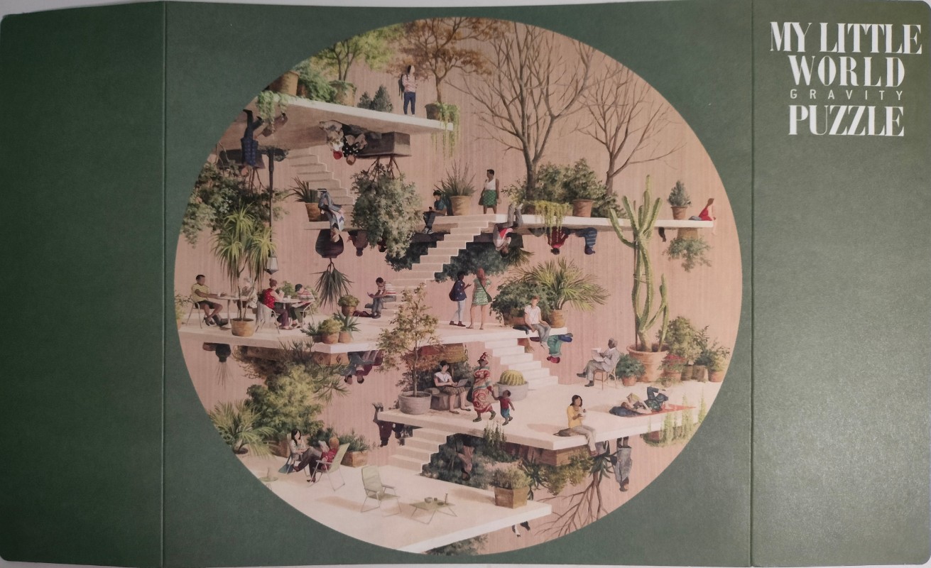 Surreal illustration of people relaxing on terraced platforms in a gravity-defying, circular garden setting.