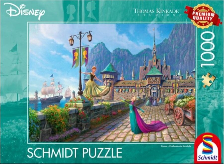Anna and Elsa in Arendelle in a painterly style with a castle, harbor, and flowers.