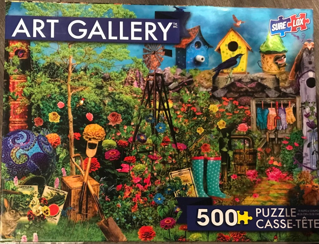 A colorful, whimsical garden scene featuring birdhouses, a mosaic sphere, garden tools, and a rabbit.