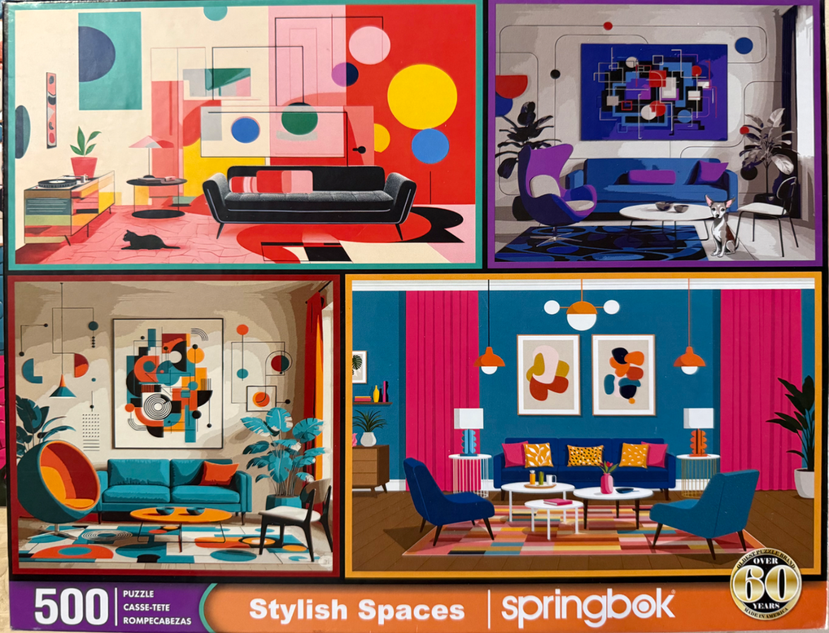 Four distinct mid-century modern living room scenes in a collage style with vibrant, retro-inspired colors and geometric art