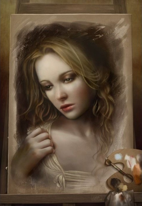 A realistic oil painting on an easel depicting a contemplative young woman with wavy blonde hair and a thoughtful expression.