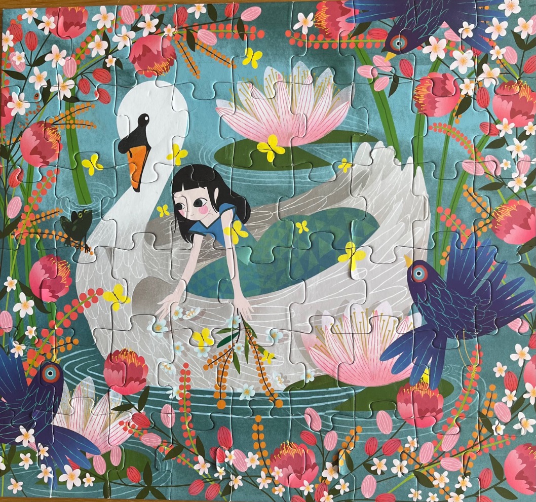 A whimsical illustration of a girl riding a large white swan amidst pink water lilies and dark blue birds.