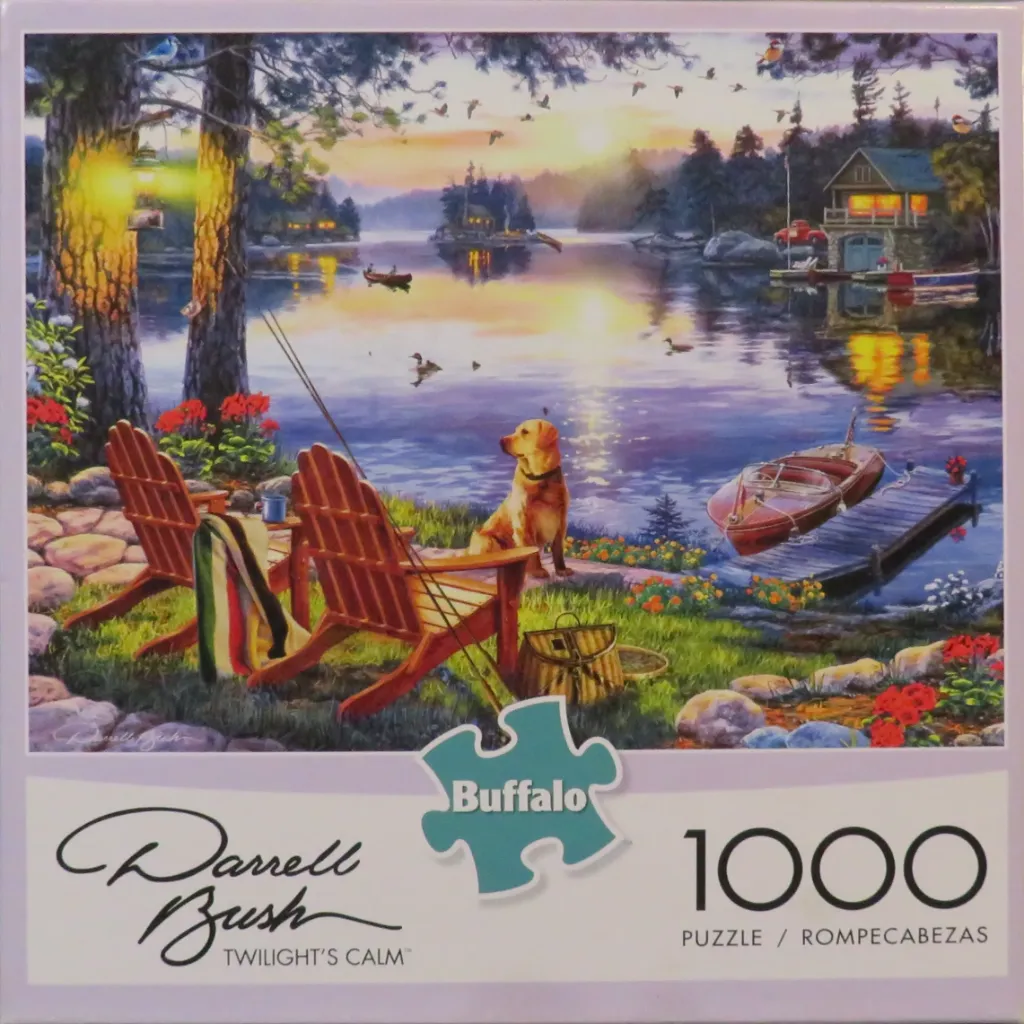 A golden retriever sits by a lakeside at sunset with Adirondack chairs, a fishing rod, and a boat at a dock.