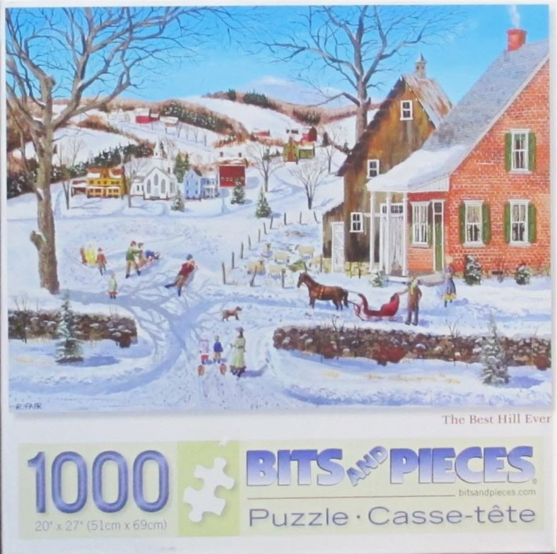 Painting of a snowy rural winter scene with people sledding and a horse-drawn sleigh near a brick house.