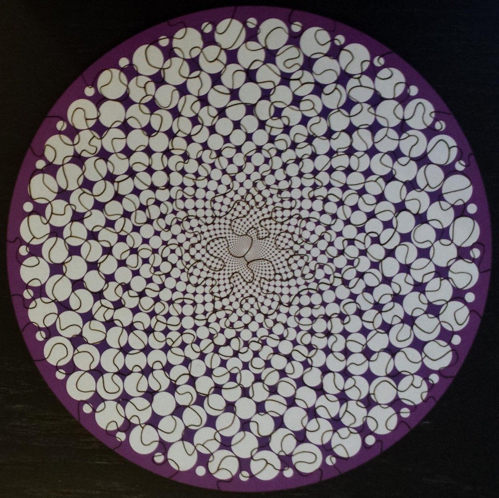 Circular optical illusion pattern with white dots and wavy black lines on a purple background.